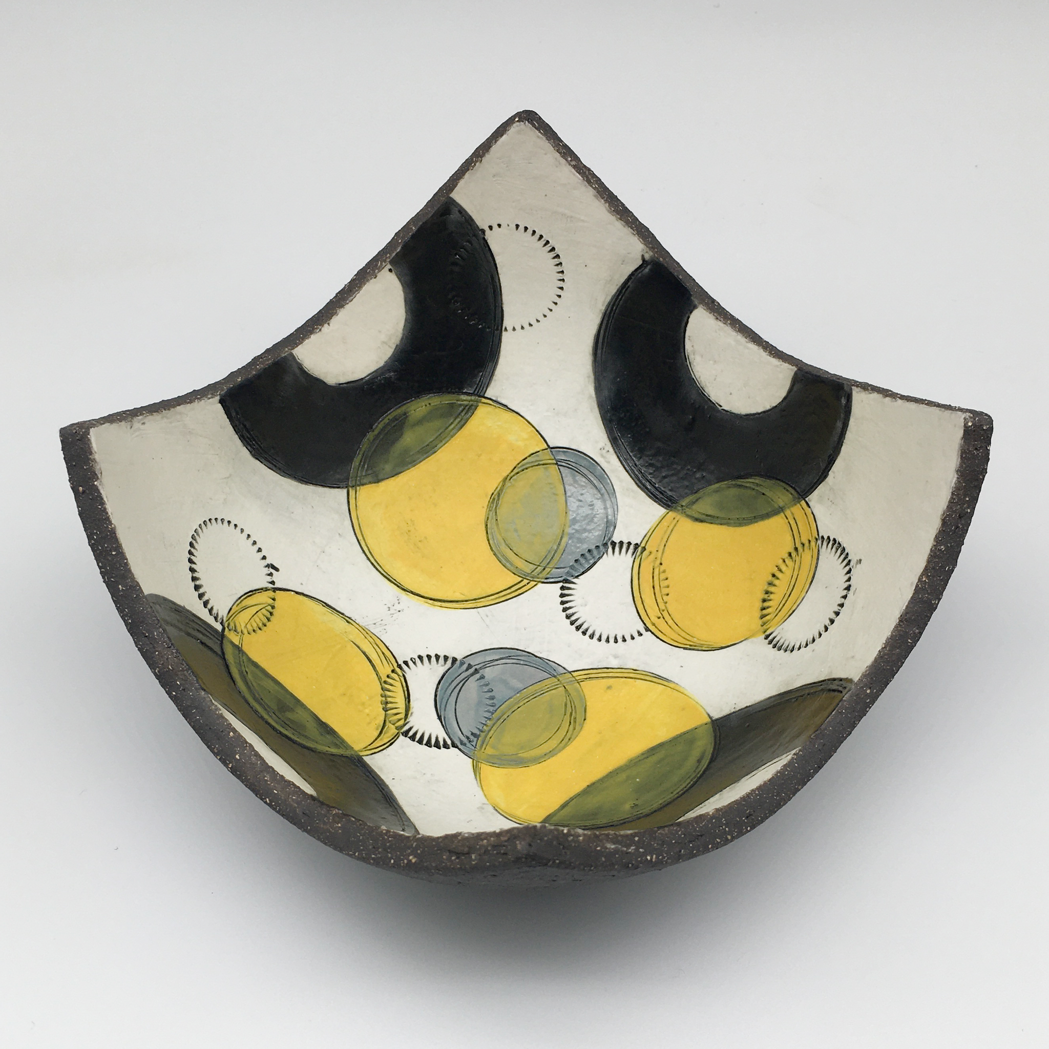 Bowl - Textured black with black crescents with grey and yellow circles