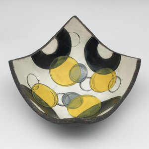 Bowl - Textured black with black crescents with grey and yellow circles