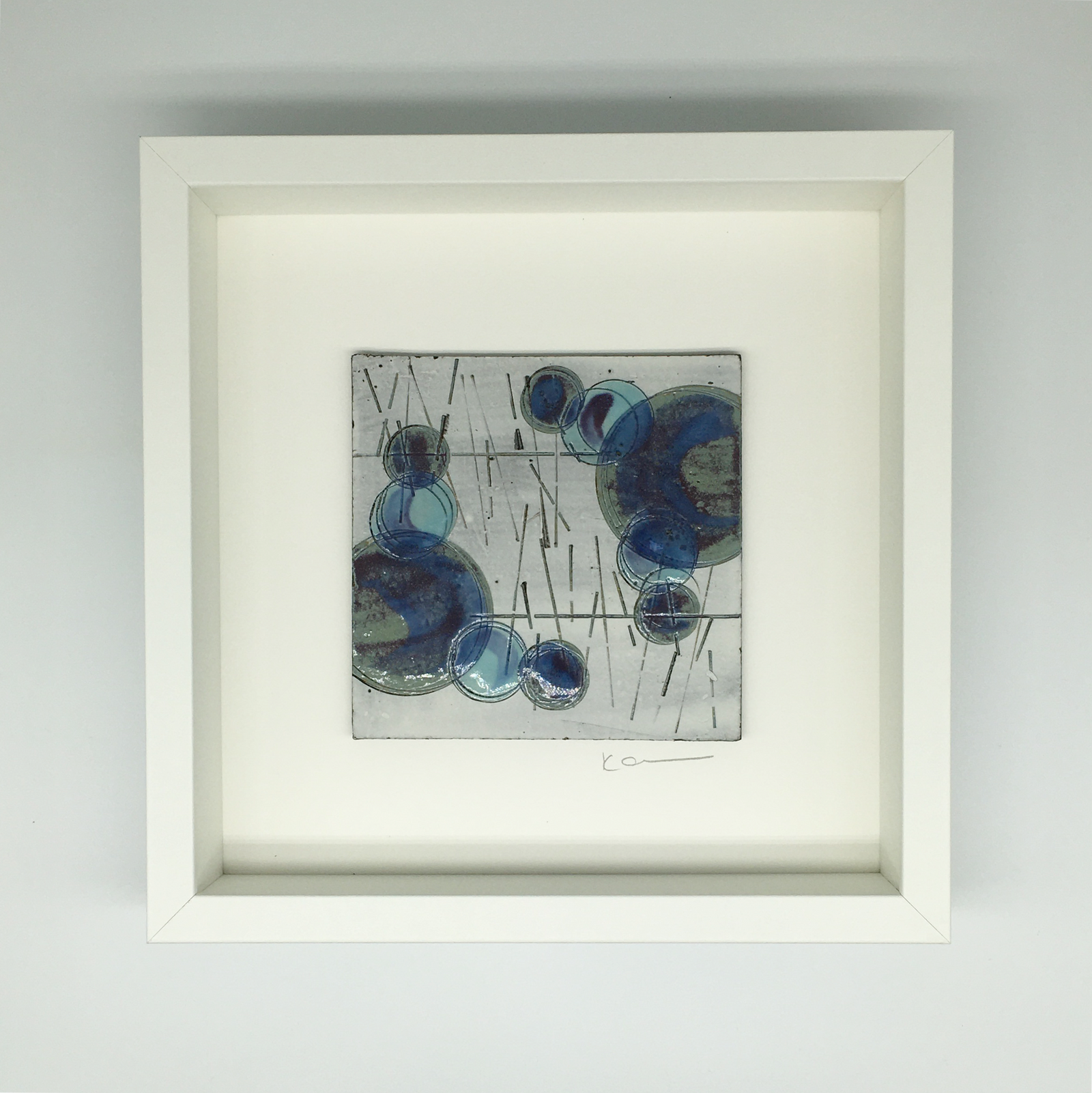 Framed small wall plaque -purple circles, turquoise spots and lines