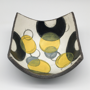 Bowl - Textured black with black crescents with grey and yellow circles