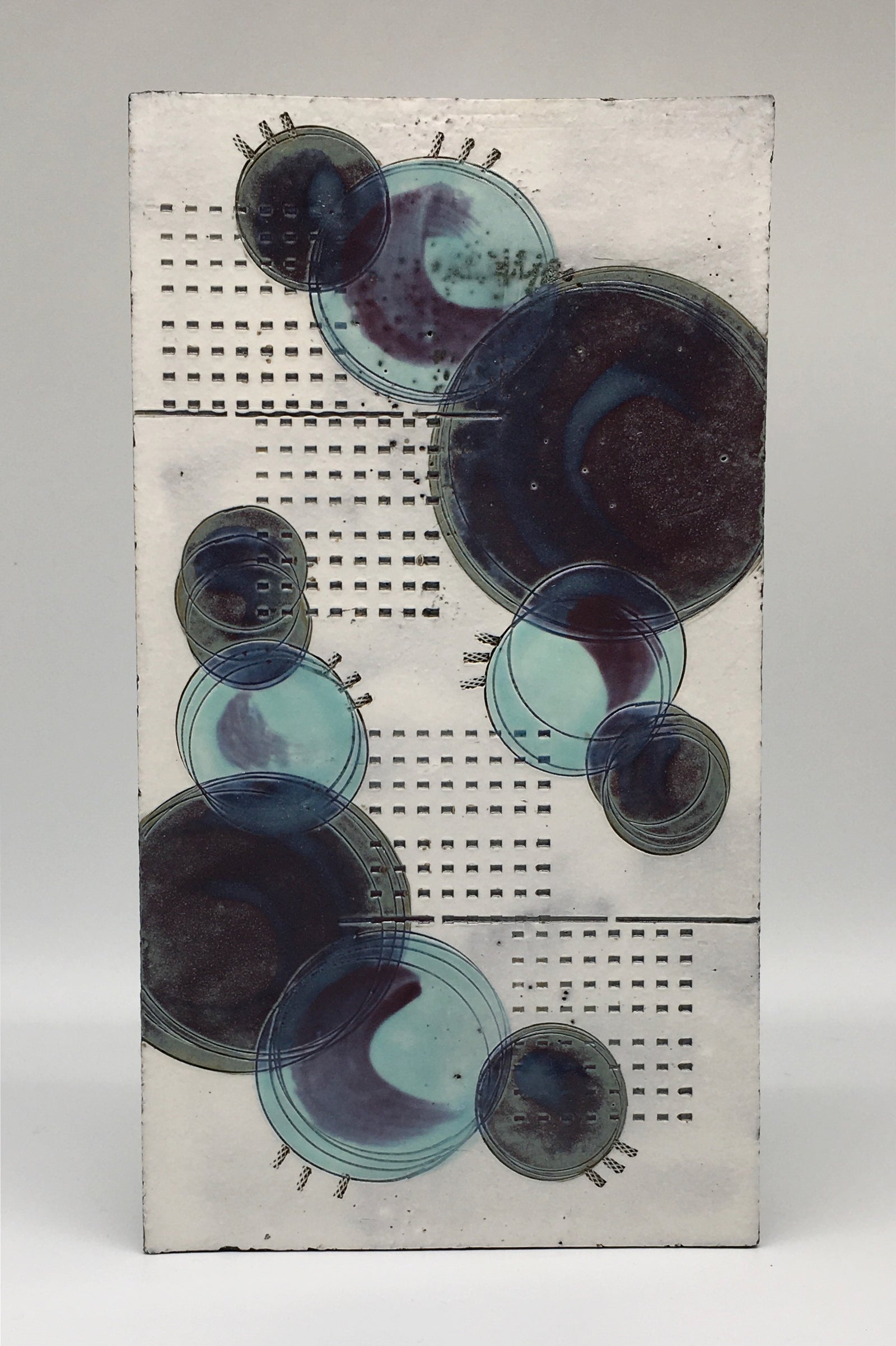 Medium wall plaque - with purple and turquoise circles and grid dots.