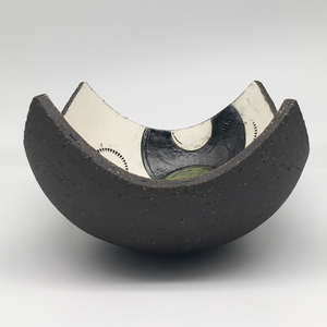 Bowl - Textured black with black crescents with grey and yellow circles