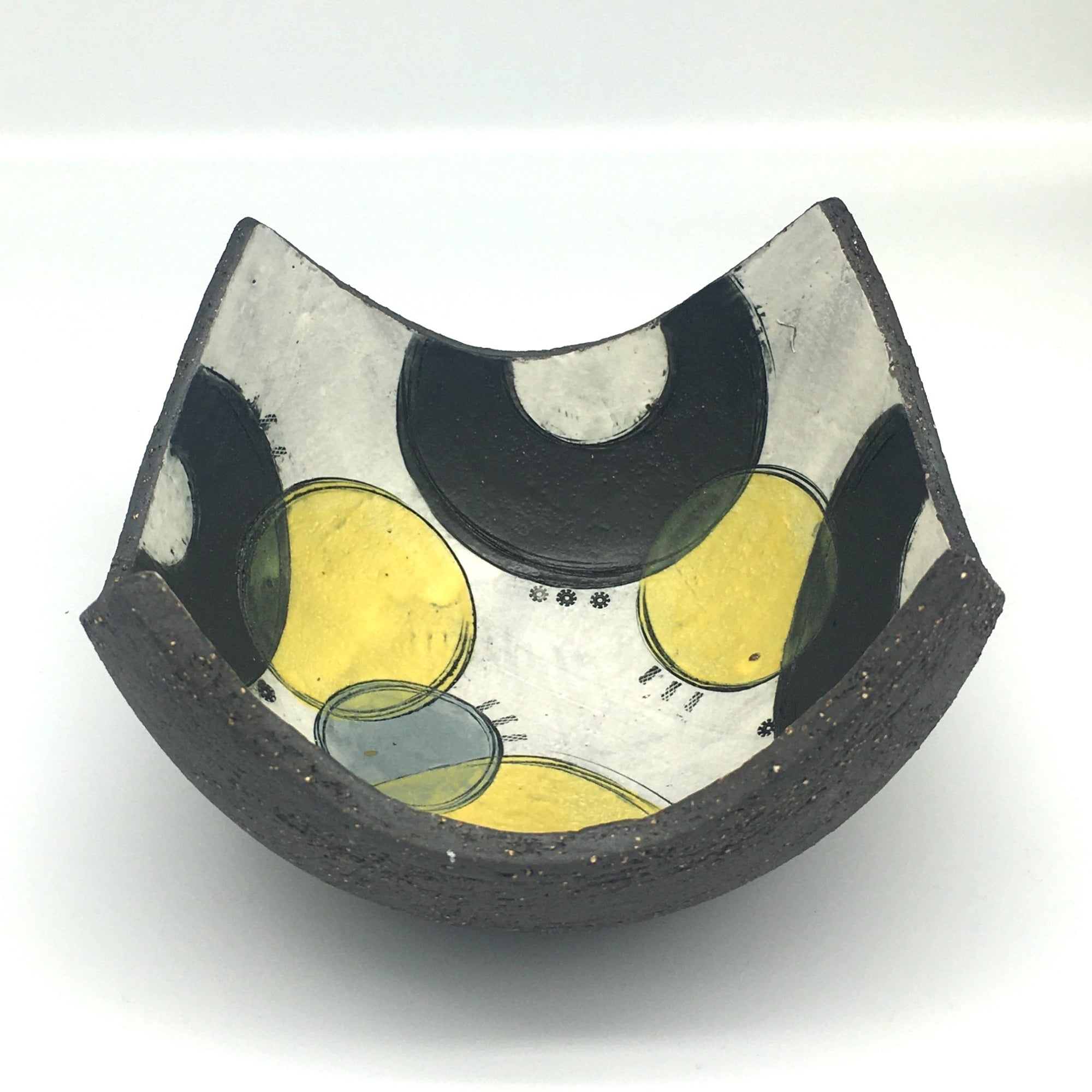 Bowl - Textured black with black crescents with grey and yellow circles