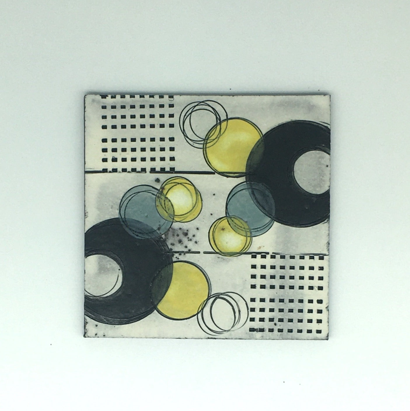Small wall plaque - black line and crescent and vibrant yellow spots