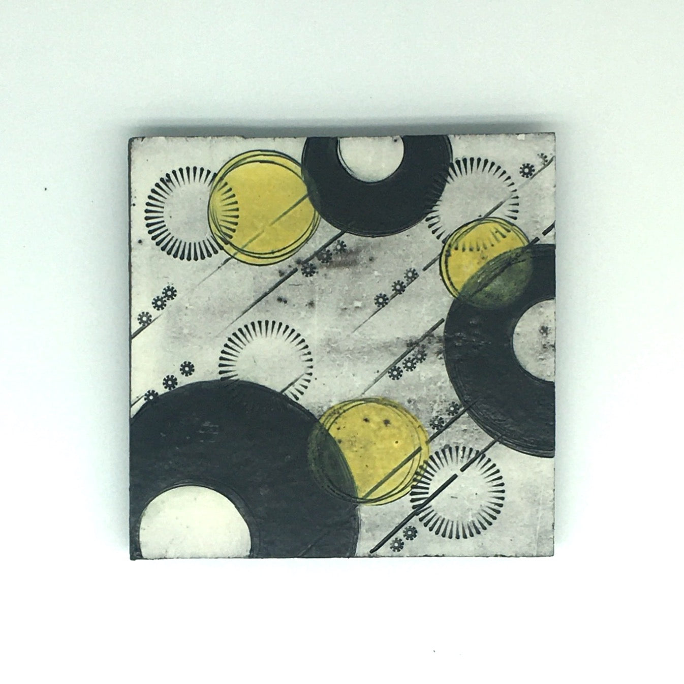 Small wall plaque - black crescent and line and vibrant yellow spot