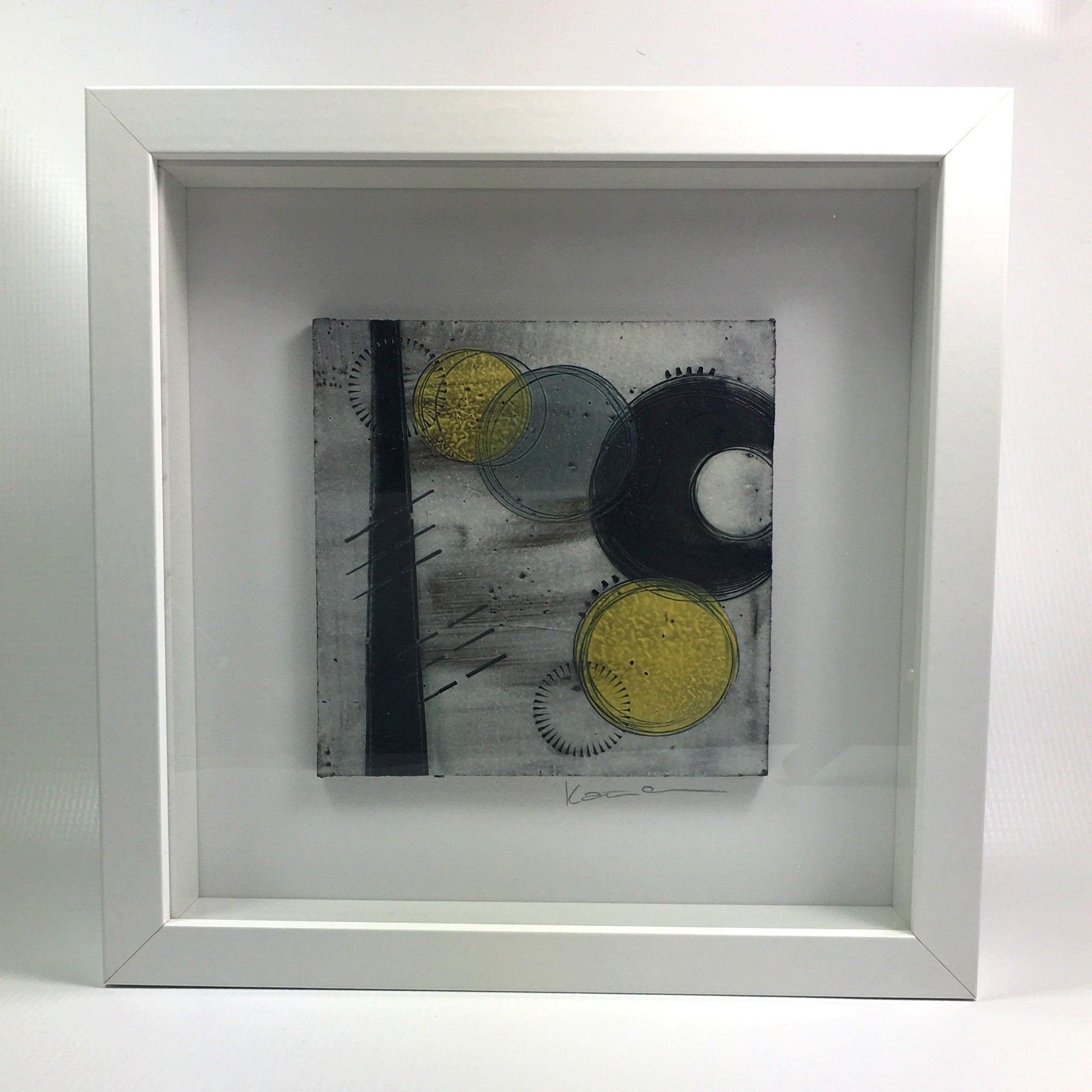 Framed small wall plaque - black crescent, line and vibrant yellow spots